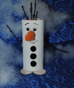 the happy snowman olaf craft made from a painted toilet paper roll